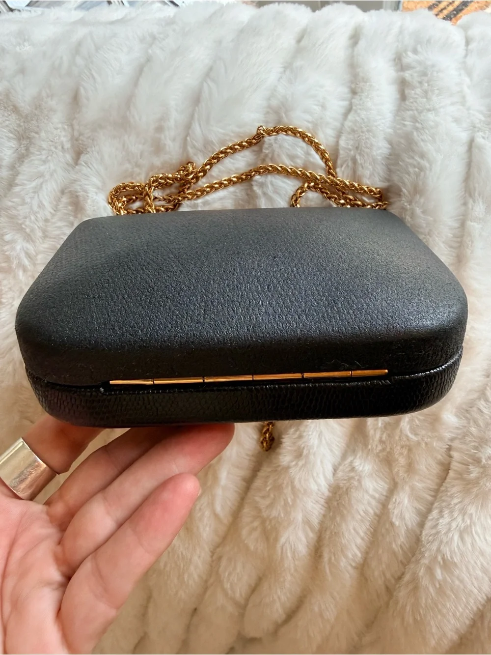 RODO Black Leather Evening Crossbody with Gold Chain